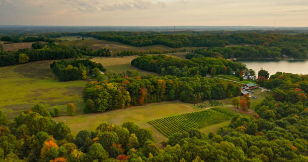 Aerial of farmland and a lake in Michigan on a fall morning