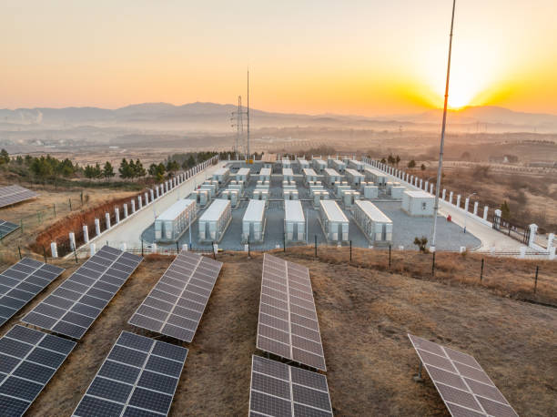 Energy storage power station with solar panels in the morning